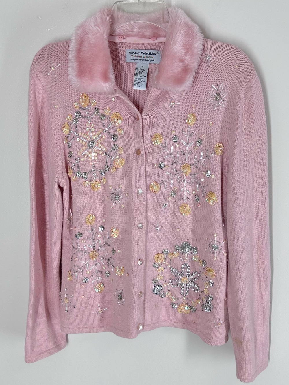 Vintage Heirloom Collectibles Pink Snowflake Cardigan Faux Fur Collar Medium